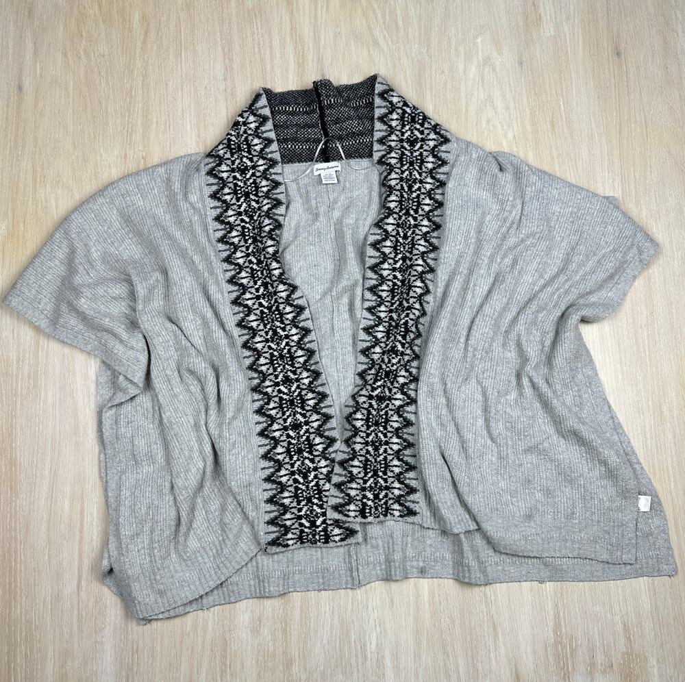 Tommy Bahama Gray Poncho Island Cozy Ruana Drape Wrap Boho Nordic Trim ONE SIZE